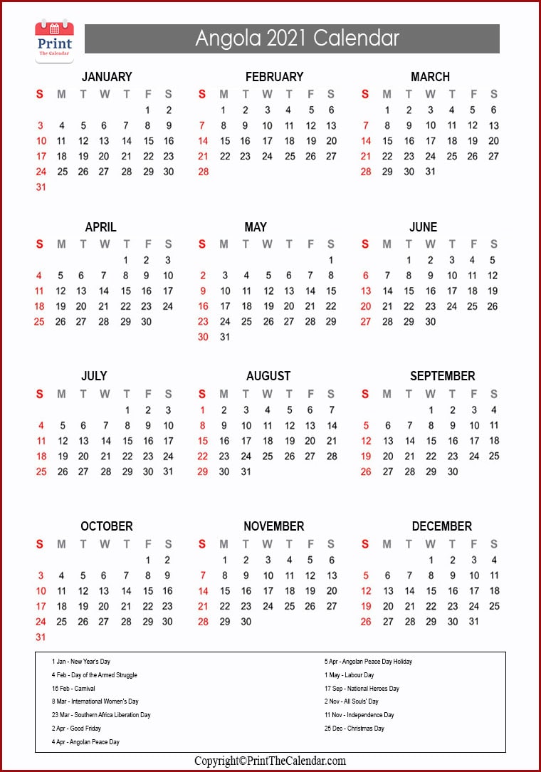 2021 Holiday Calendar Angola Angola 2021 Holidays